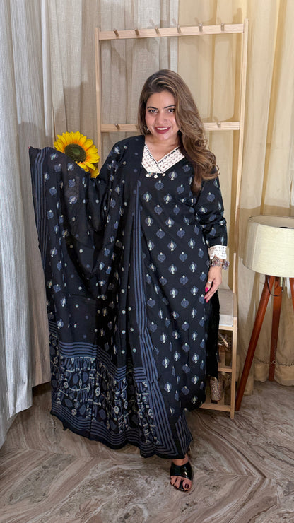 Elegant Black Printed Kurta Set with Dupatta
