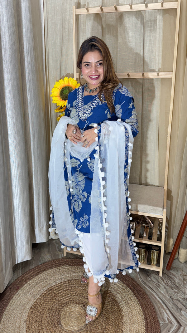 Elegant Blue Floral Cotton Suit Set  & Pom-Pom Detailing