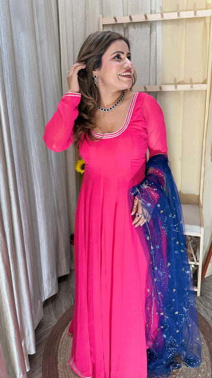Hot Pink Anarkali Kurta Set with Navy Blue Sequins Dupatta