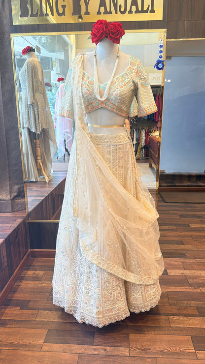 Ivory Embroidered Bridal Lehenga Set with Dupatta | Luxury Designer Wedding Lehenga | South Delhi Couture