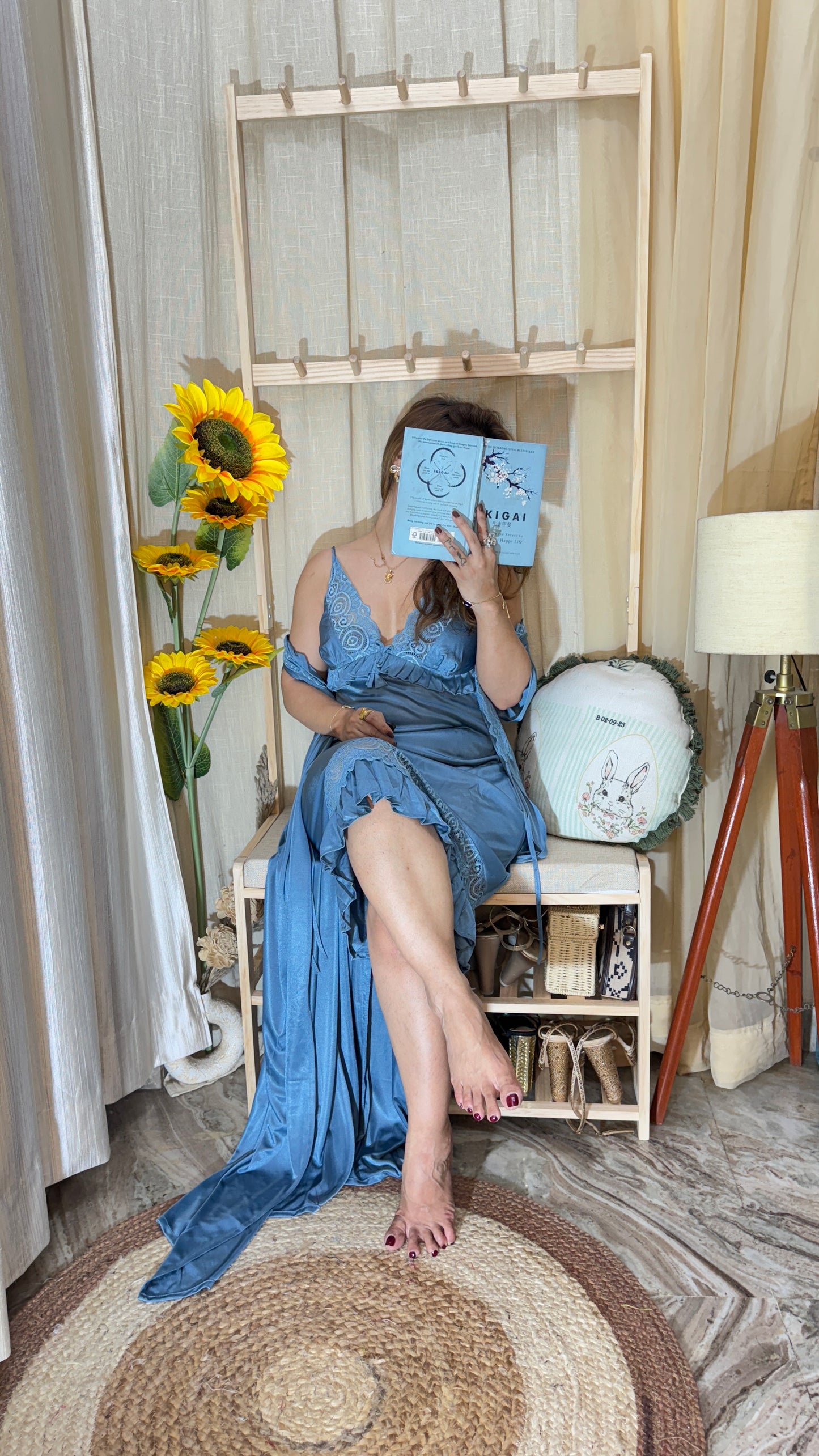 2pc Satin Lace Nighty with Robe – Sky Blue
