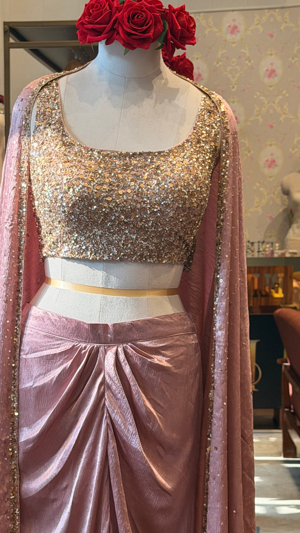 Blush Pink Three-Piece Draped Skirt Set