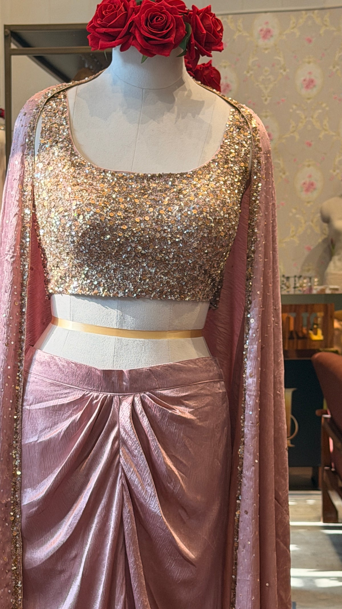 Blush Pink Three-Piece Draped Skirt Set