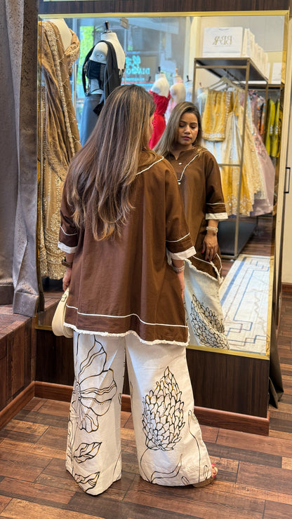 Brown Cotton Kaftan Co-ord Set with Printed Palazzo – Effortless Chic Wear