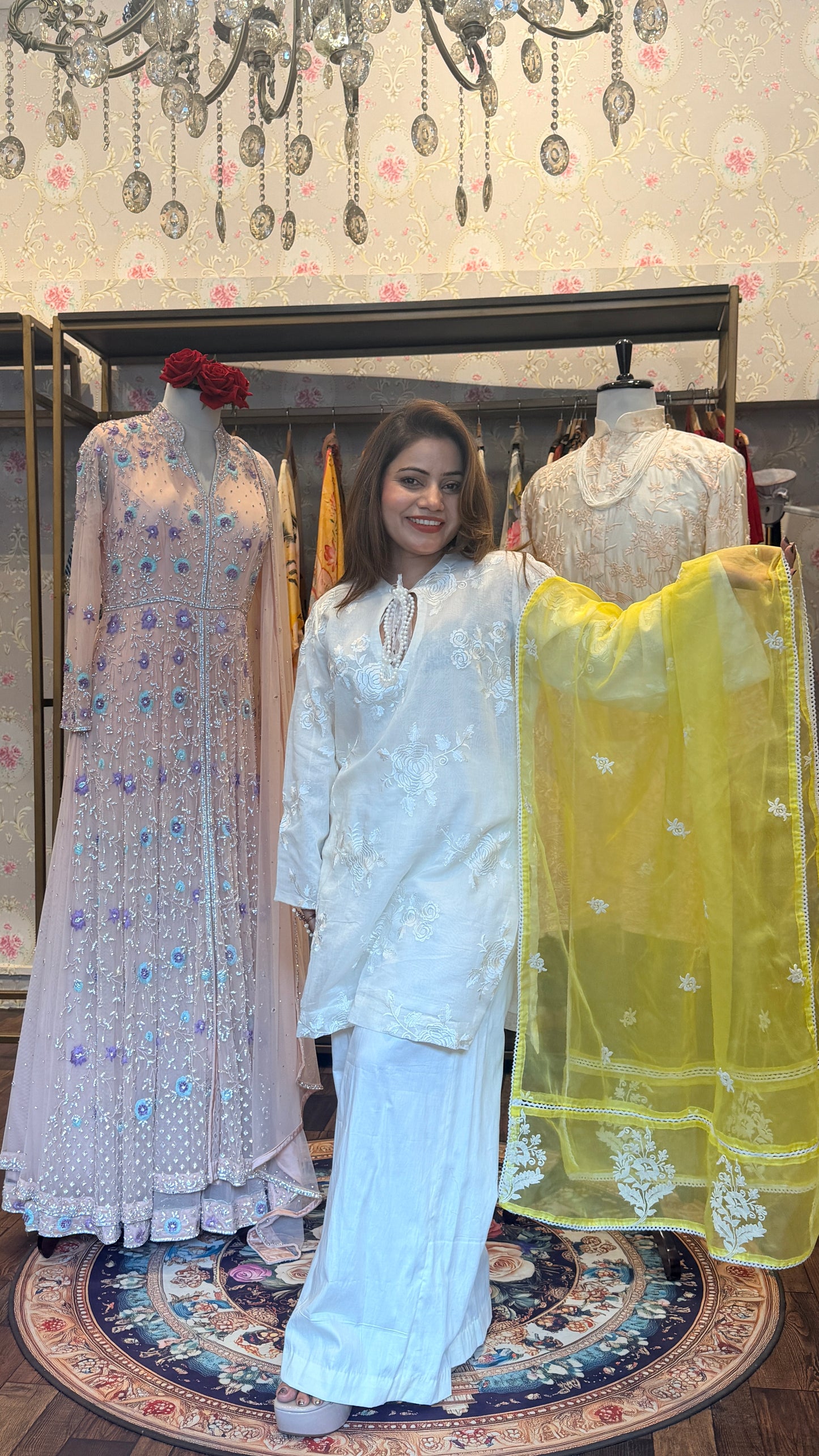 White Embroidered Kurta Sharara Set with Yellow Organza Dupatta – 3 Piece Set