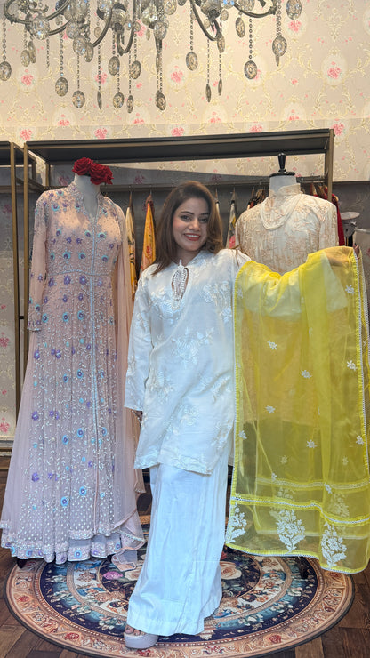 White Embroidered Kurta Sharara Set with Yellow Organza Dupatta – 3 Piece Set