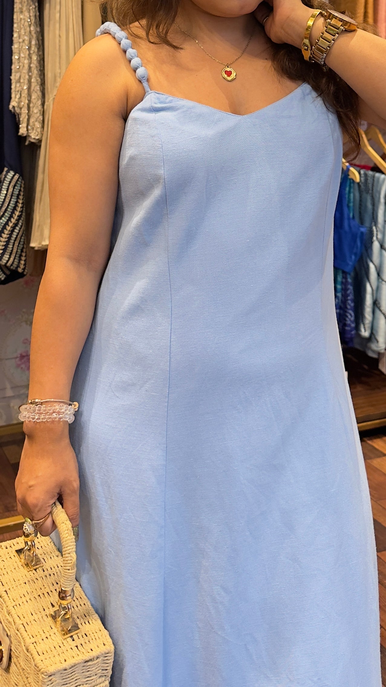Pure Linen Powder Blue Long Maxi Dress