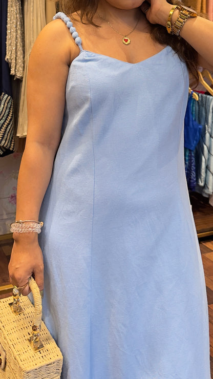 Pure Linen Powder Blue Long Maxi Dress