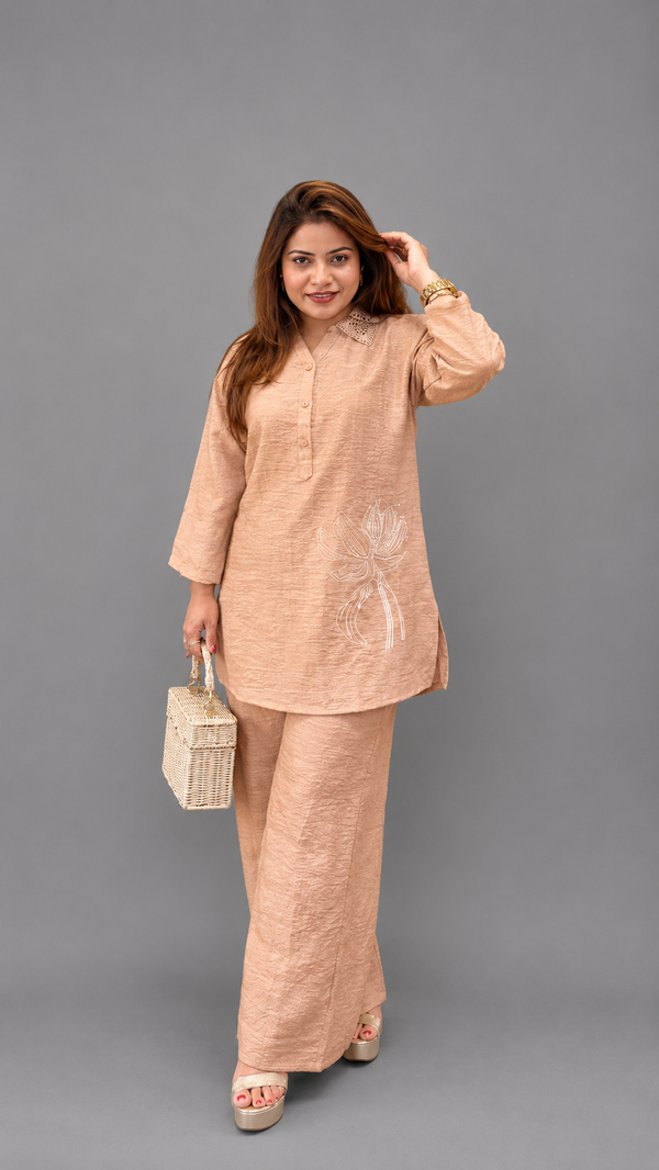 Cotton Linen Embroidered Co-Ord Set for Women | Summer Kurta & Straight Pants