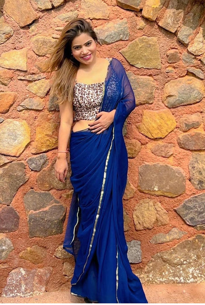 Blue chiffon saree with printed blouse