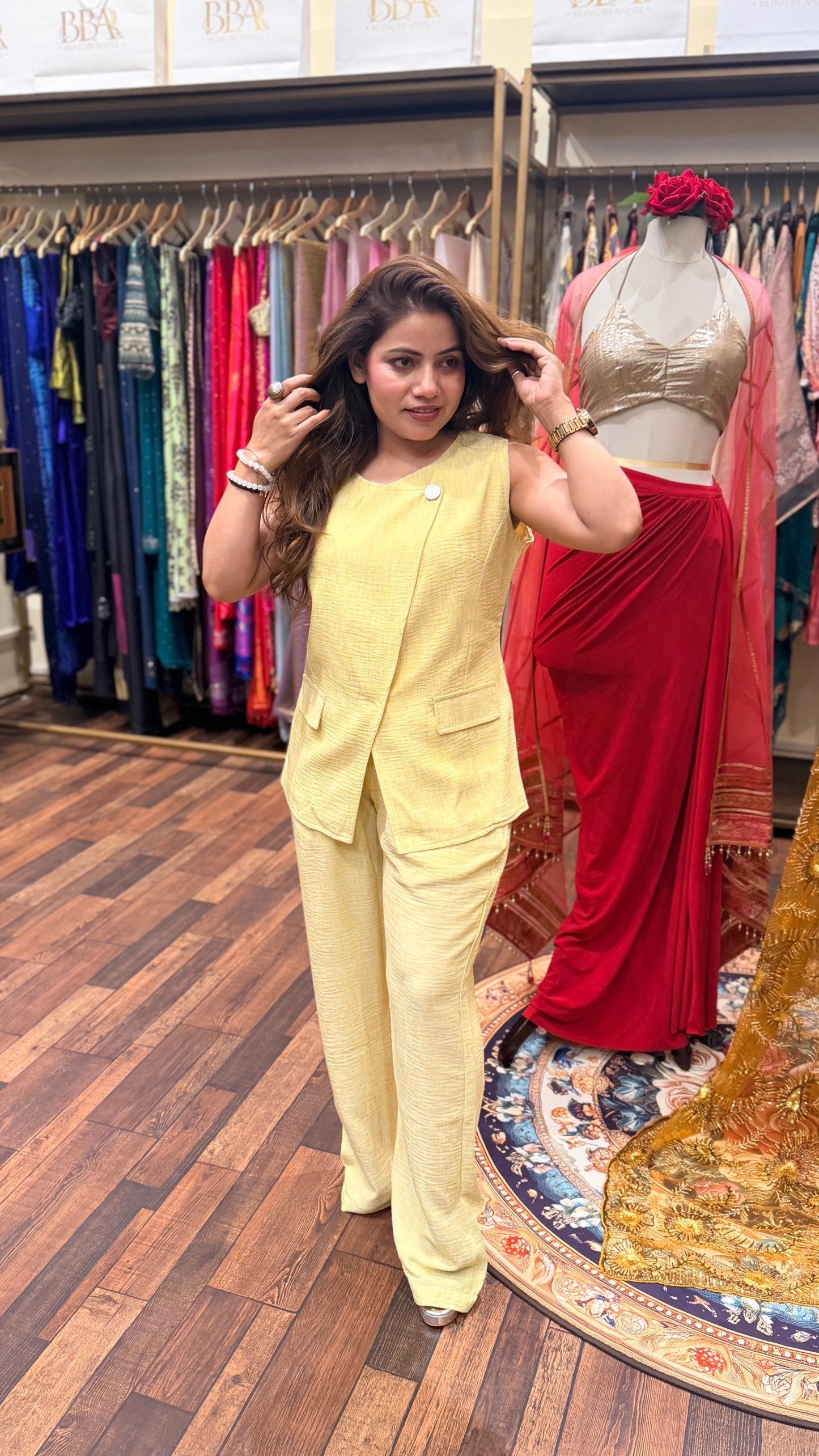 Pastel Yellow Scotch Co-ord Set for Women | Designer Indo-Western Outfit Delhi
