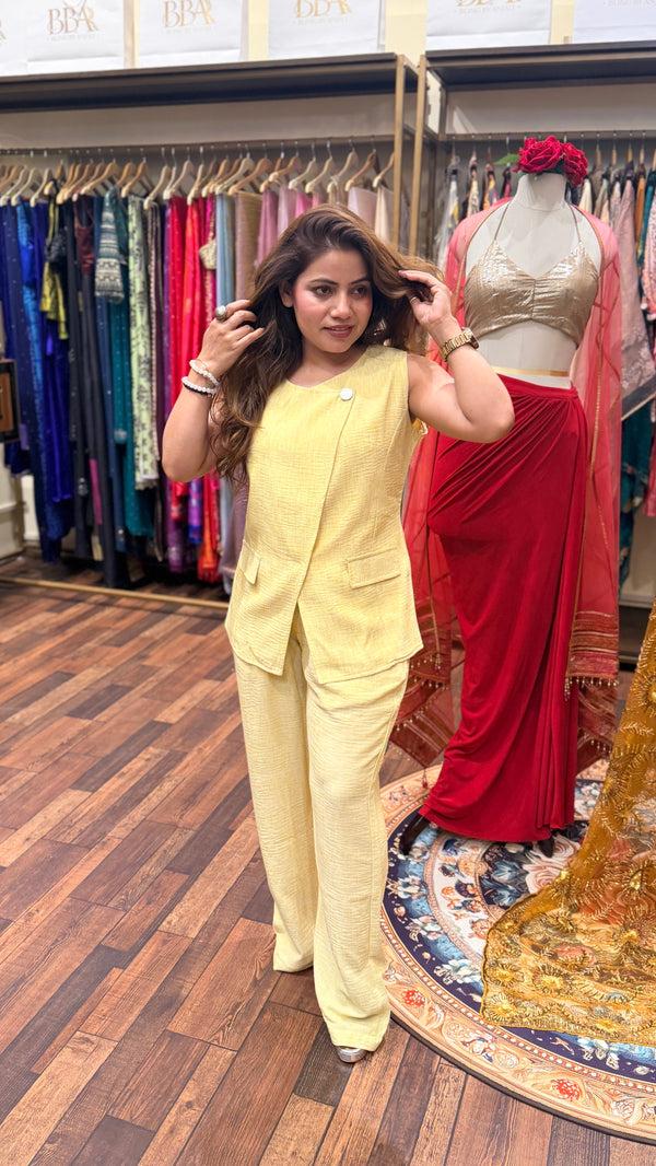 Pastel Yellow Scotch Co-ord Set for Women | Designer Indo-Western Outfit Delhi