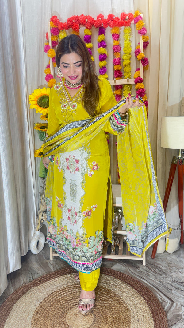 Mustard Yellow Pure Crêpe, ￼ Embroidered 3-Piece Suit