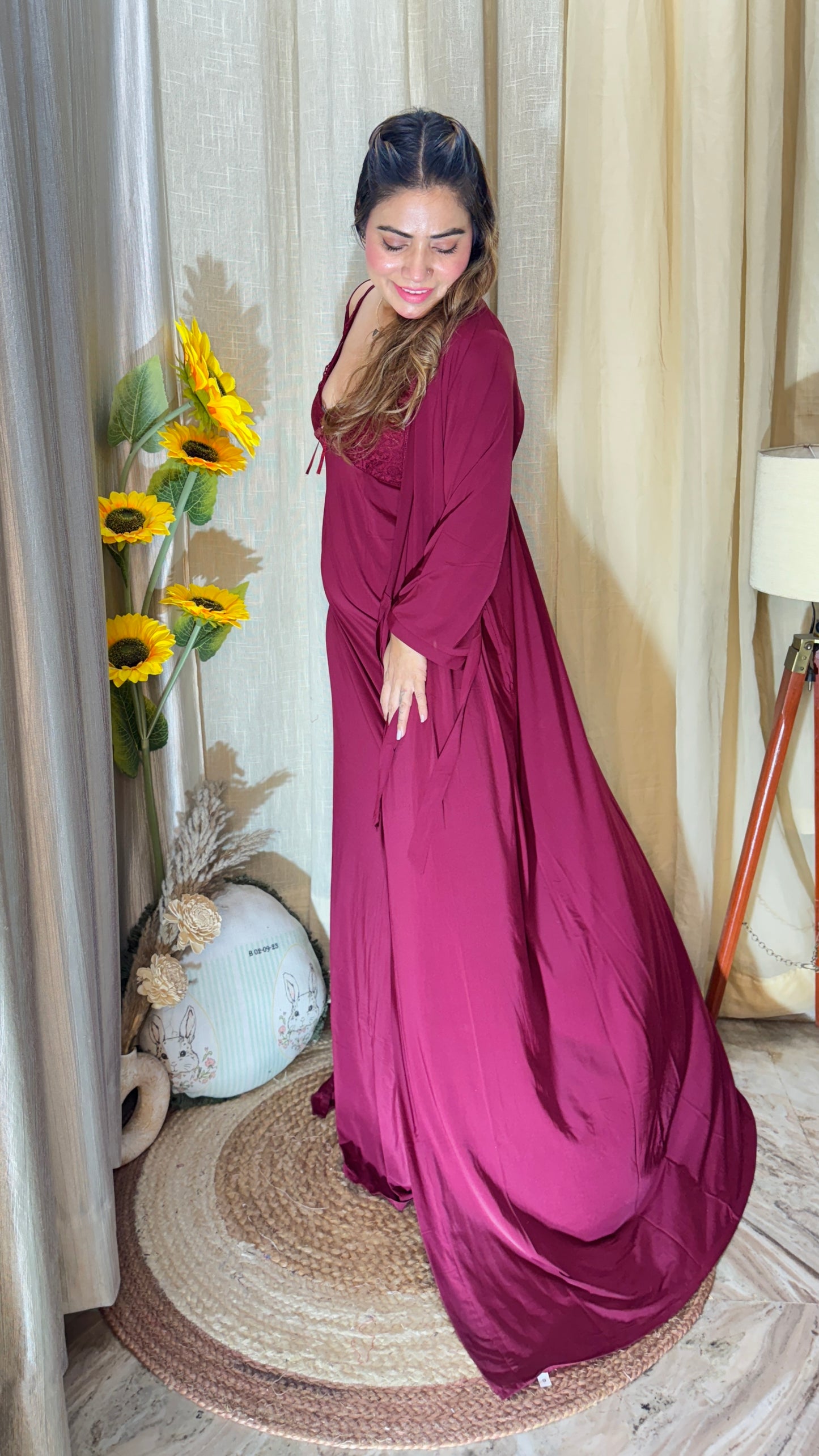 Wine satin nightgown set