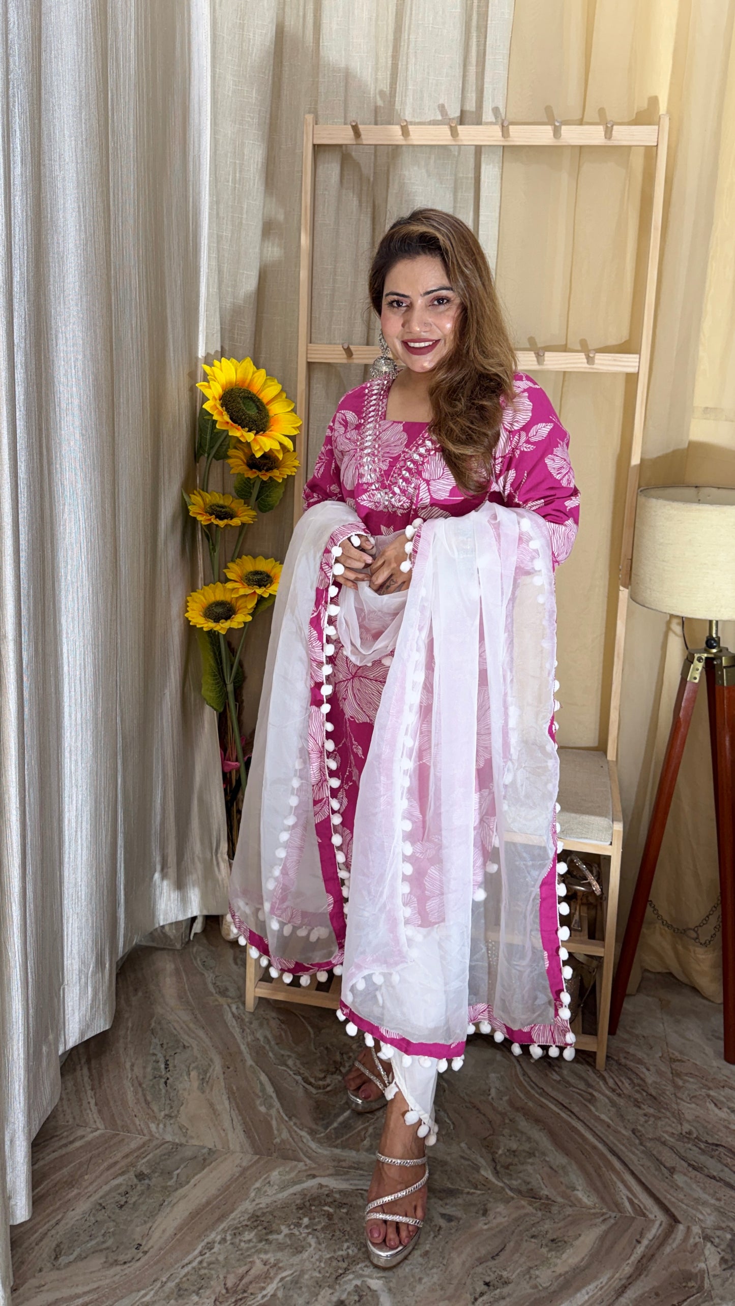 Pink Floral Printed Kurta Set with Organza Pom-Pom Dupatta