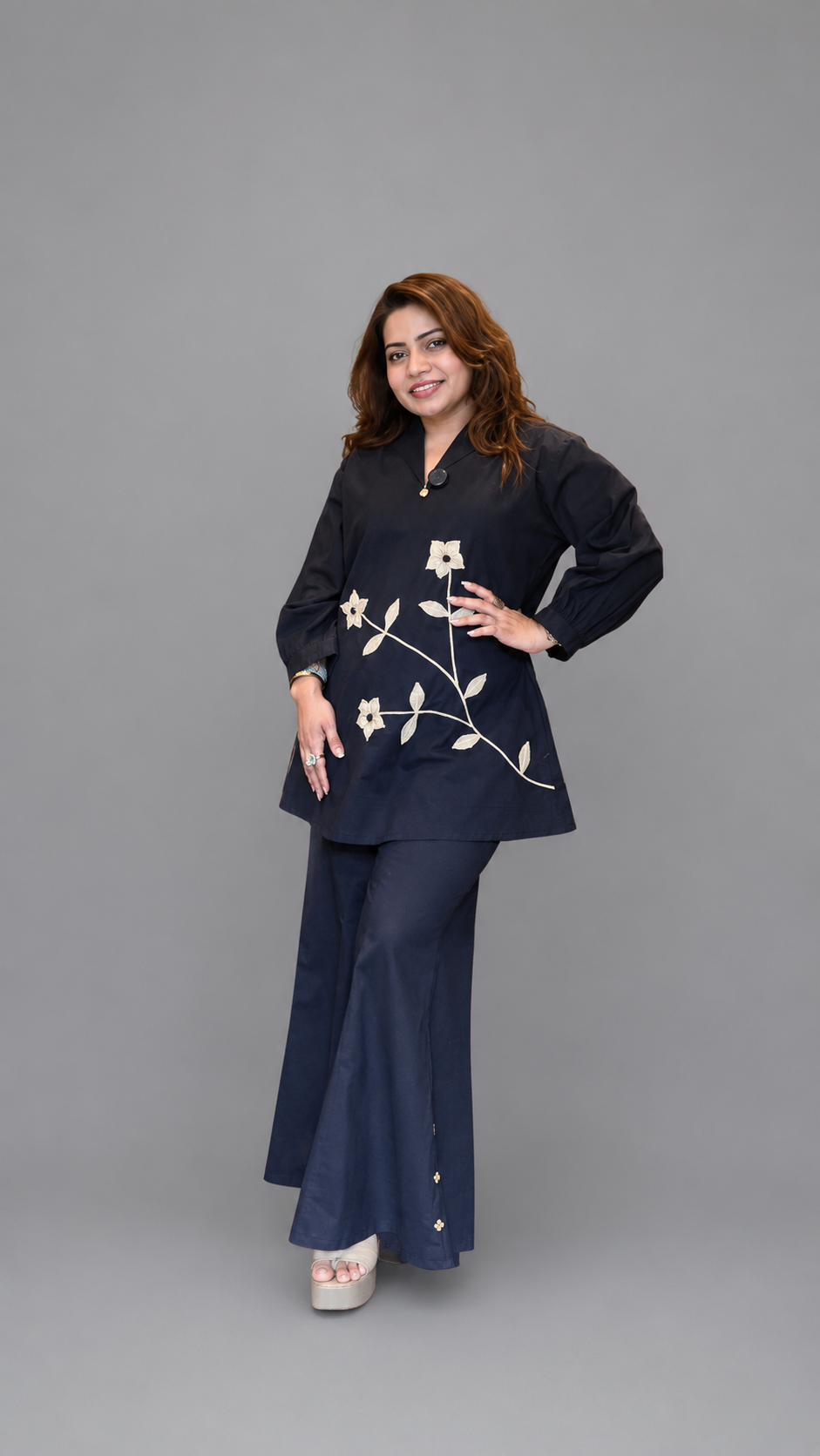 Black Floral Appliqué Co-Ord Set for Women | Premium Cotton Kurta with Palazzo Pants | Designer Ethnic Wear