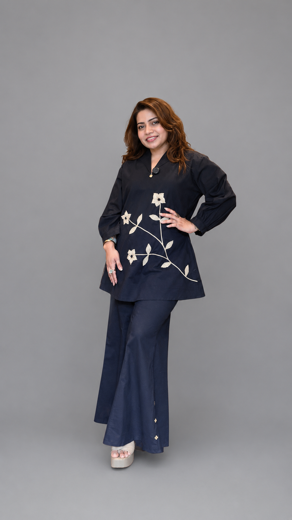 Black Floral Appliqué Co-Ord Set for Women | Premium Cotton Kurta with Palazzo Pants | Designer Ethnic Wear