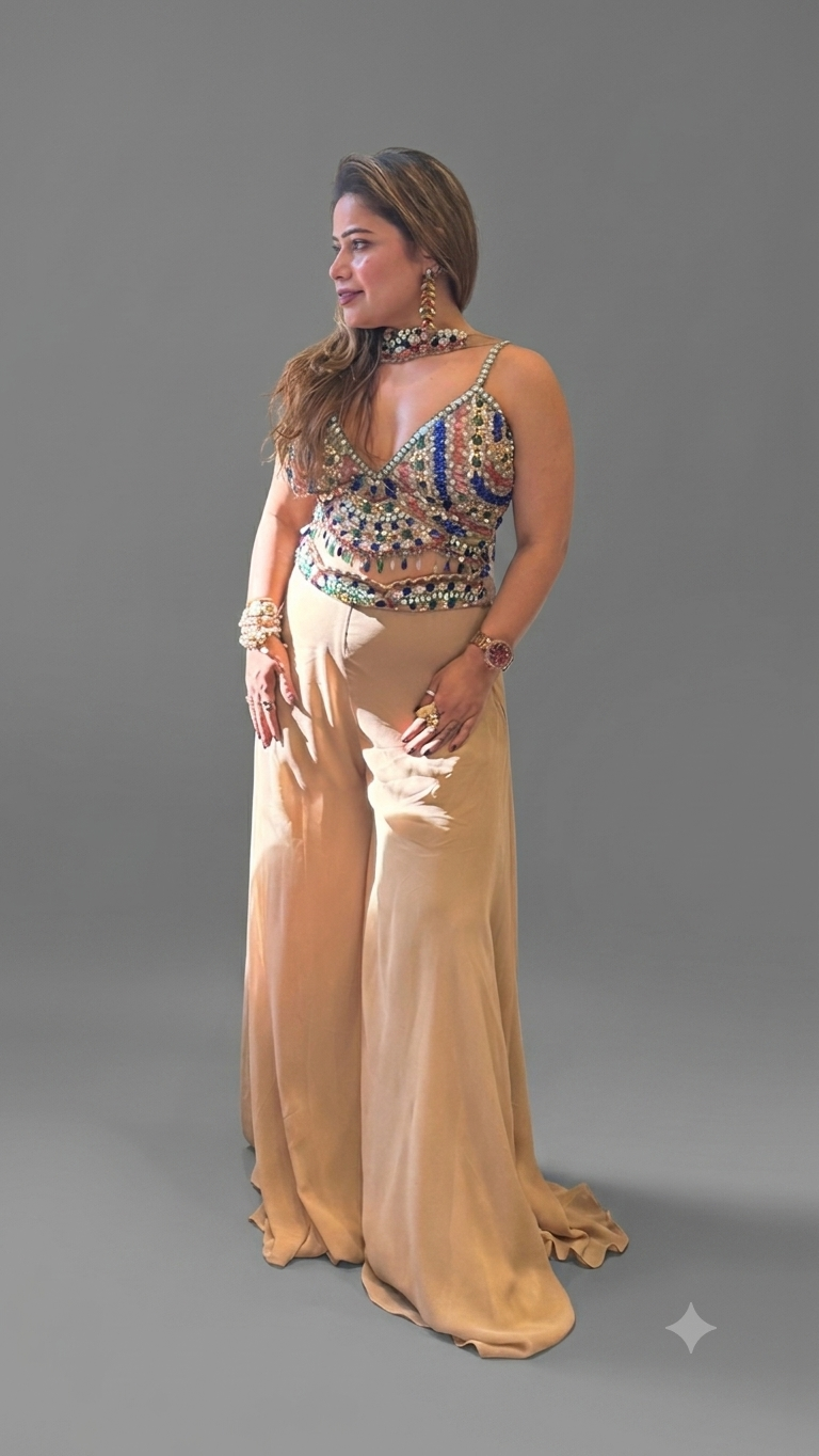 Multicolor Embellished Blouse with Beige Palazzo & Net Cape Set