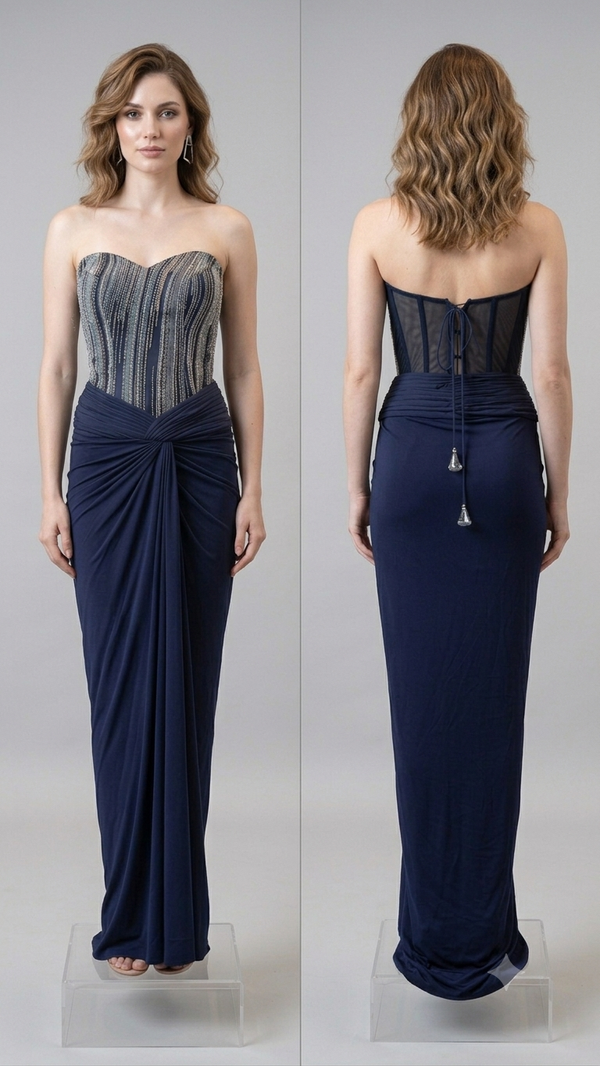 Midnight Navy Embellished Corset with Draped Skirt Set