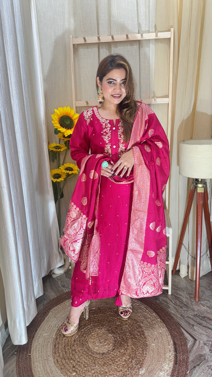 Fuchsia Pink Embroidered Suit with Banarasi Dupatta