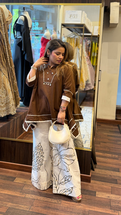 Brown Cotton Kaftan Co-ord Set with Printed Palazzo – Effortless Chic Wear