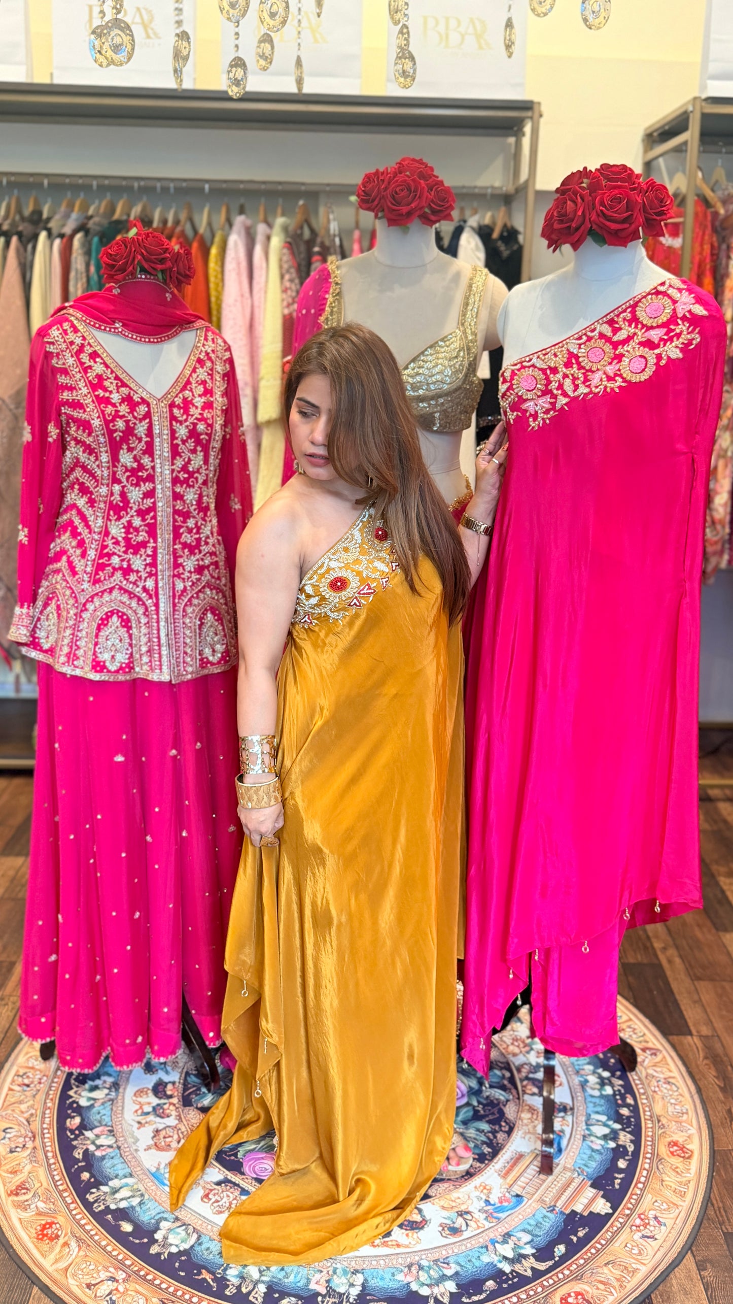 One-Shoulder Embroidered Draped Set | Blush Pink Sunset & Fuchsia Luxe Edit