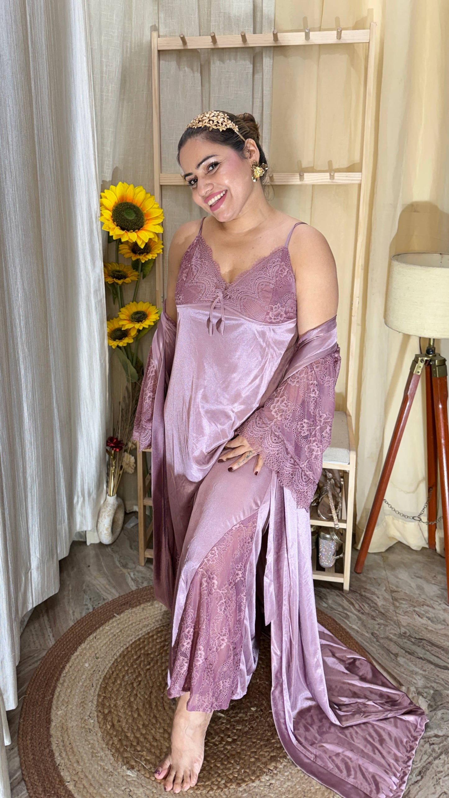 Dusty Rose Satin & Lace Nightwear Set with Robe – 3 Piece Luxe Sleepwear