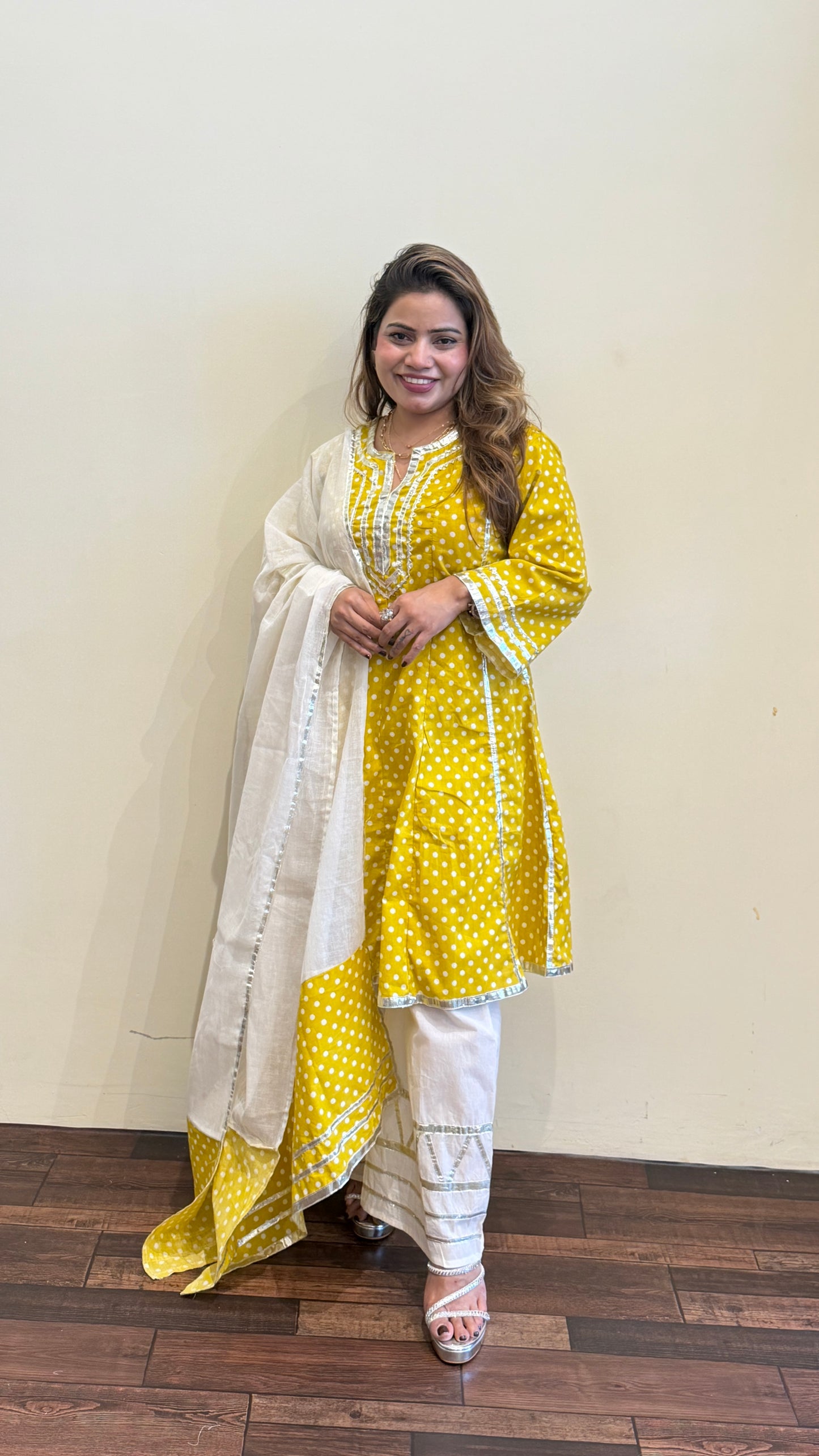 Sunshine Yellow And pink Polka Dot Kurta Set with Dupatta
