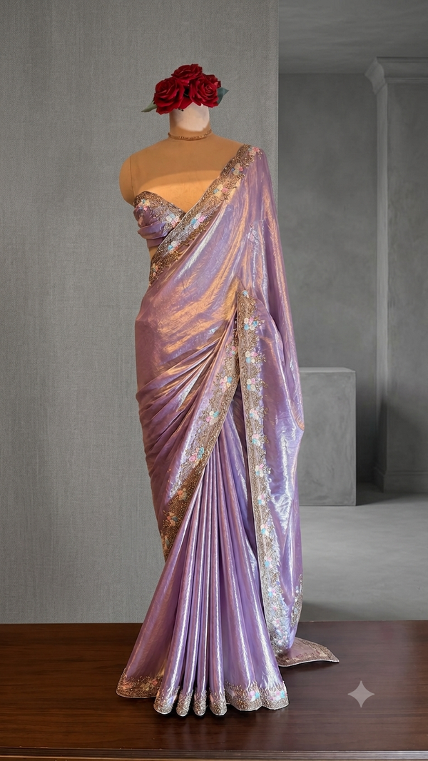 Lavender Tissue Silk Saree with Hand-Embroidered Floral Border