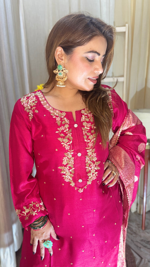 Fuchsia Pink Embroidered Suit with Banarasi Dupatta