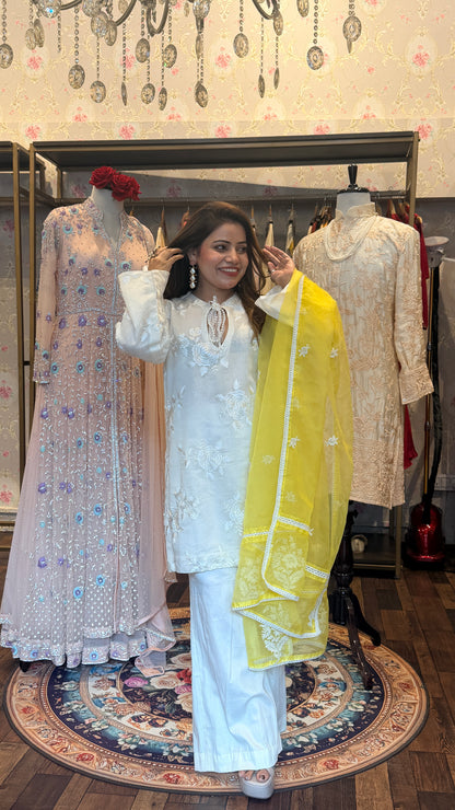 White Embroidered Kurta Sharara Set with Yellow Organza Dupatta – 3 Piece Set