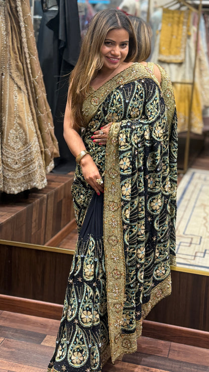 Heritage Black Resham Embroidered Saree with Tissue Border
