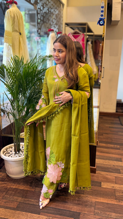 Olive Green Floral Embroidered Kurta Set with Dupatta