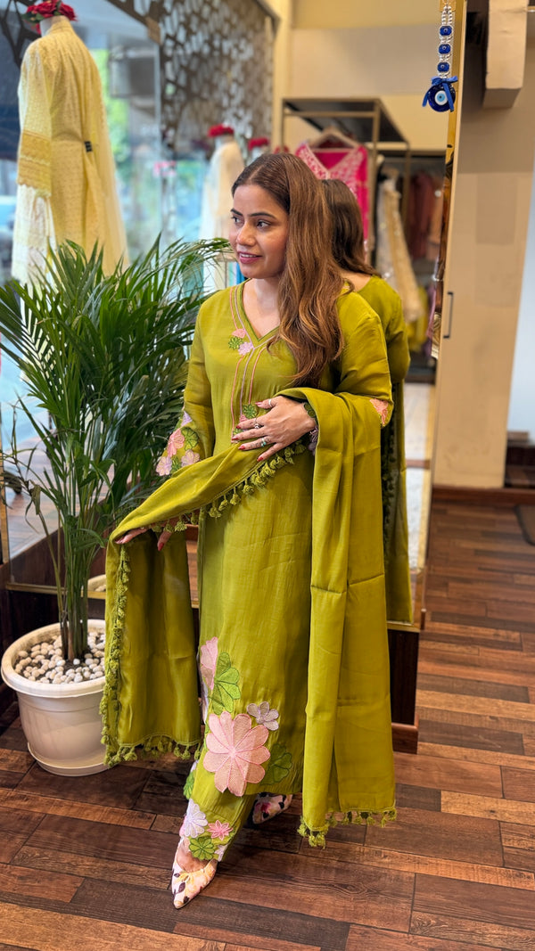 Olive Green Floral Embroidered Kurta Set with Dupatta