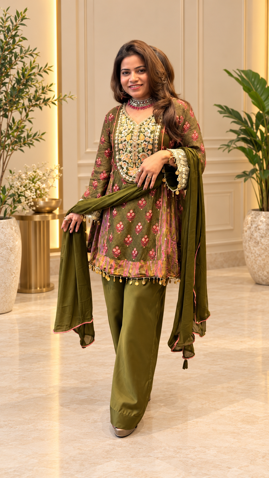 Olive Green Embroidered Crepe Jhoika Set