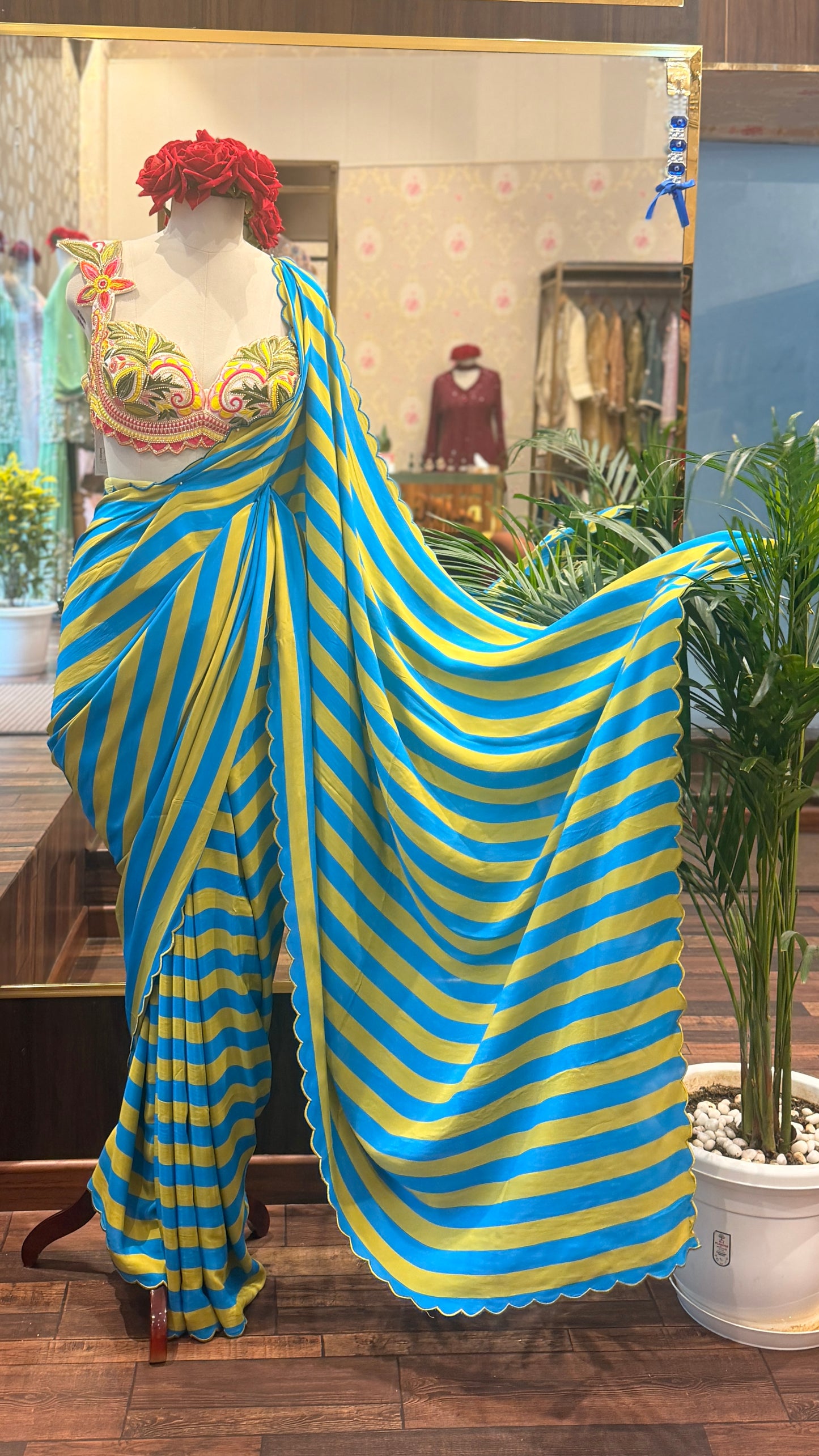 Blue & Yellow Striped Pure Crepe Saree