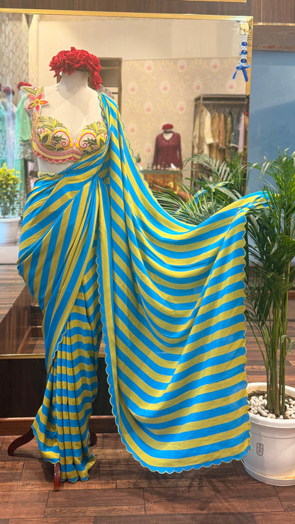Blue & Yellow Striped Pure Crepe Saree