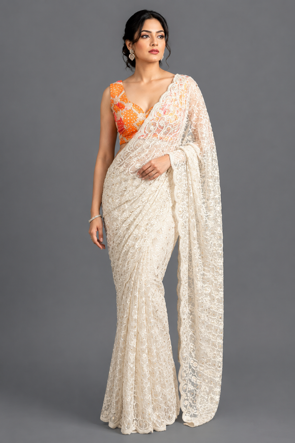 Ivory Embroidered Net Saree with Designer Blouse | Luxury Party Wear Saree | South Delhi Boutique Collection