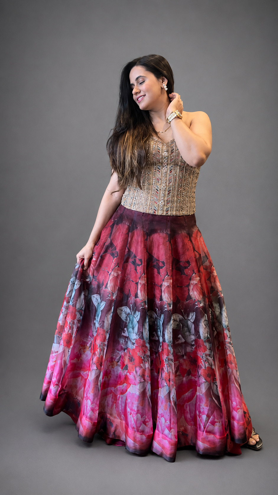 Embroidered Corset with Printed Organza Lehenga – 2-Piece Set