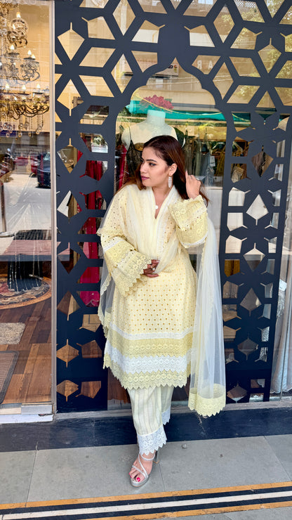 Butter Yellow Chikankari Kurta Set with Lace & Dupatta | Luxury Summer Ethnic Wear | Defence Colony Designer