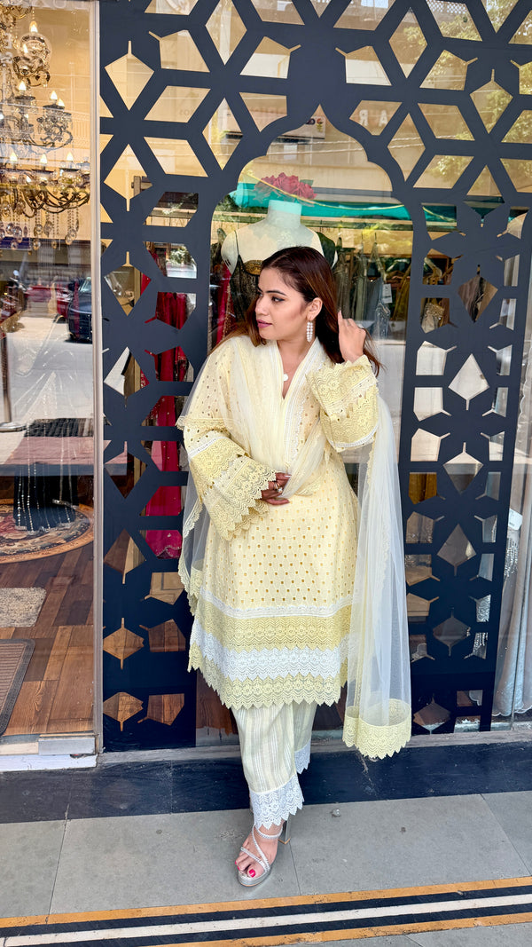Butter Yellow Chikankari Kurta Set with Lace & Dupatta | Luxury Summer Ethnic Wear | Defence Colony Designer