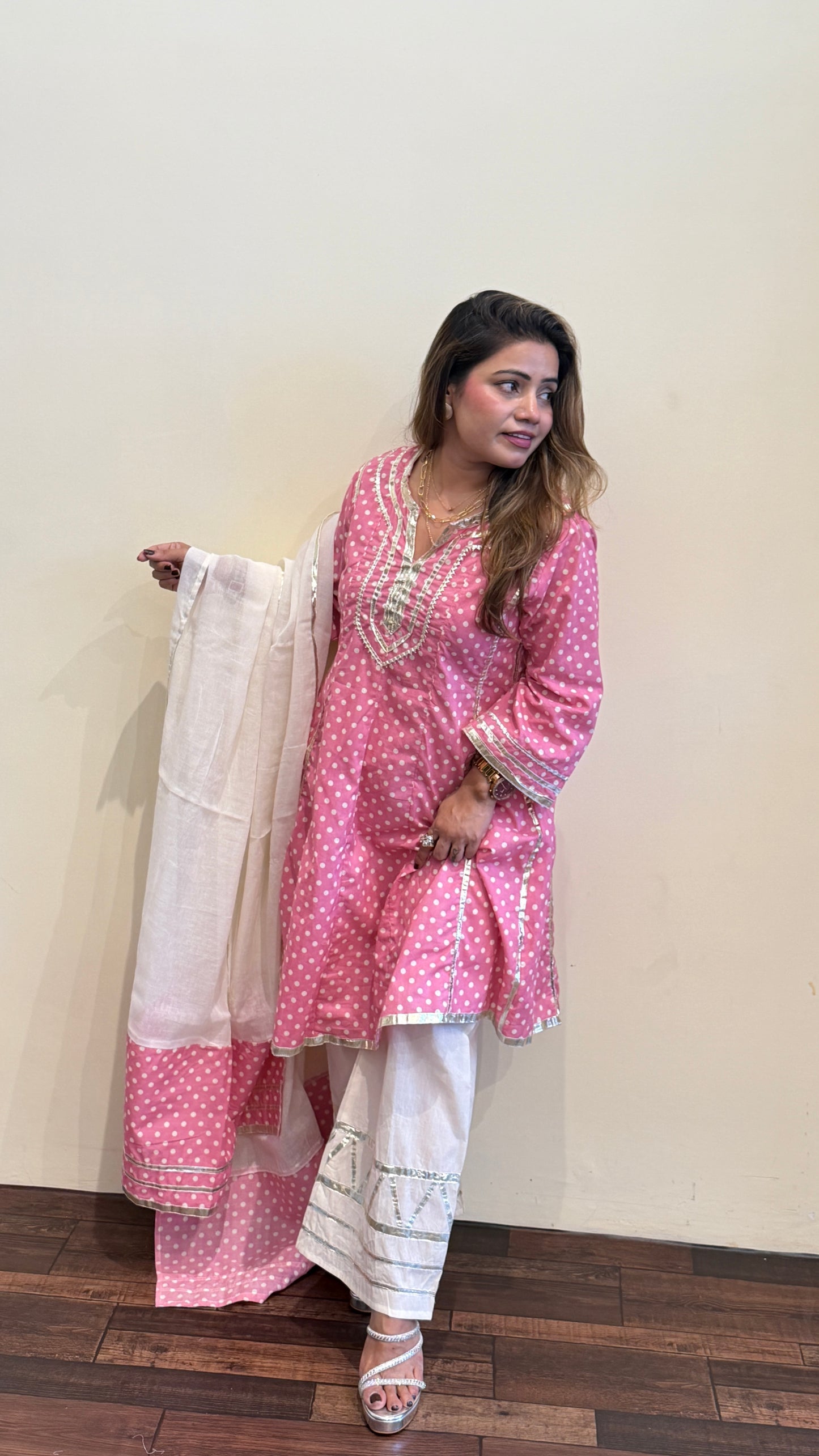 Sunshine Yellow And pink Polka Dot Kurta Set with Dupatta