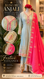 Sage Blue & Coral Pink Embroidered Festive Suit Set