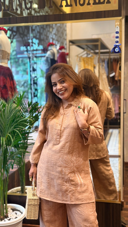 Cotton Linen Embroidered Co-Ord Set for Women | Summer Kurta & Straight Pants