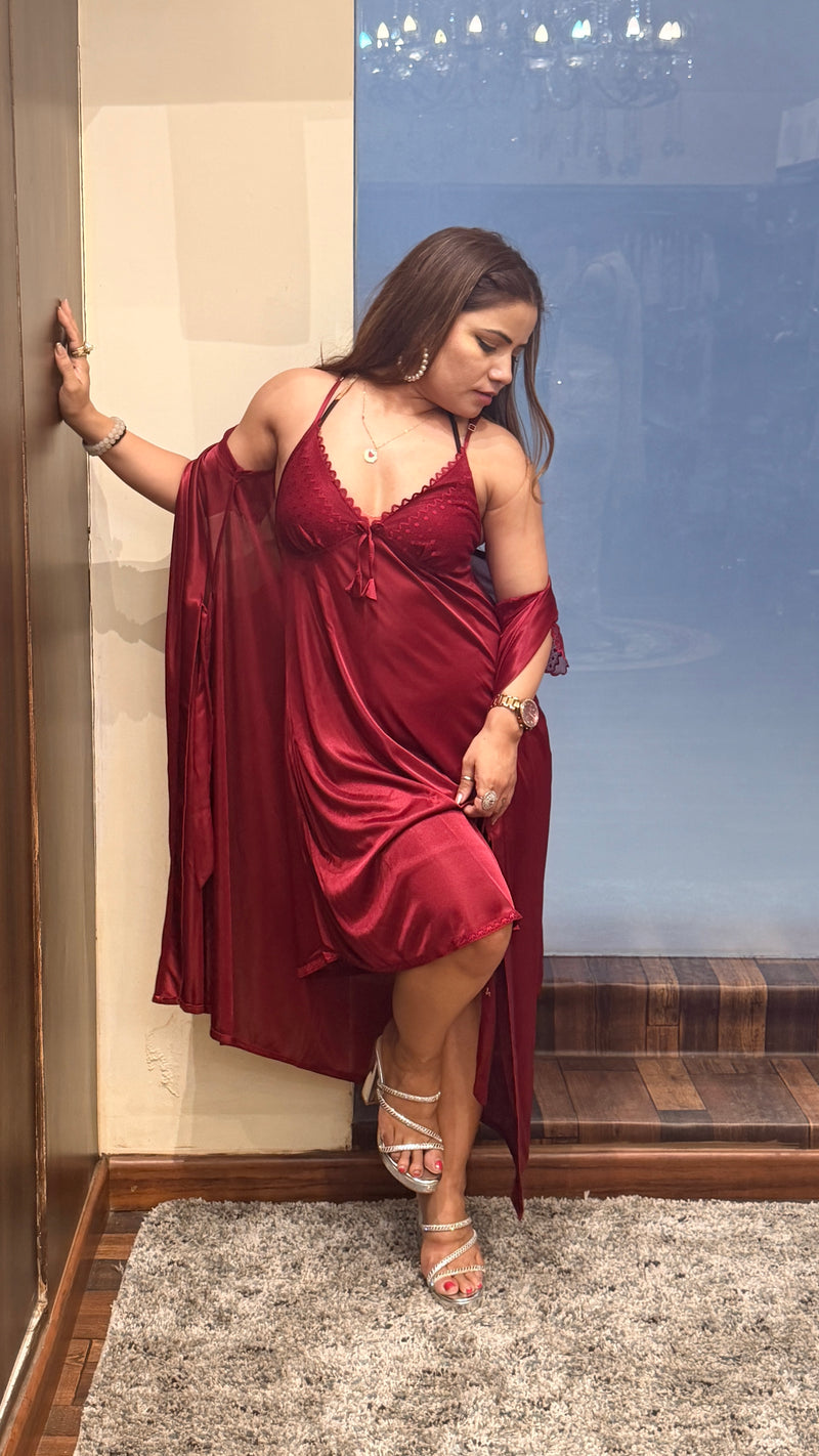 Red Satin Lace Nightdress with Robe – Luxury Bridal & Honeymoon Sleepwear Set