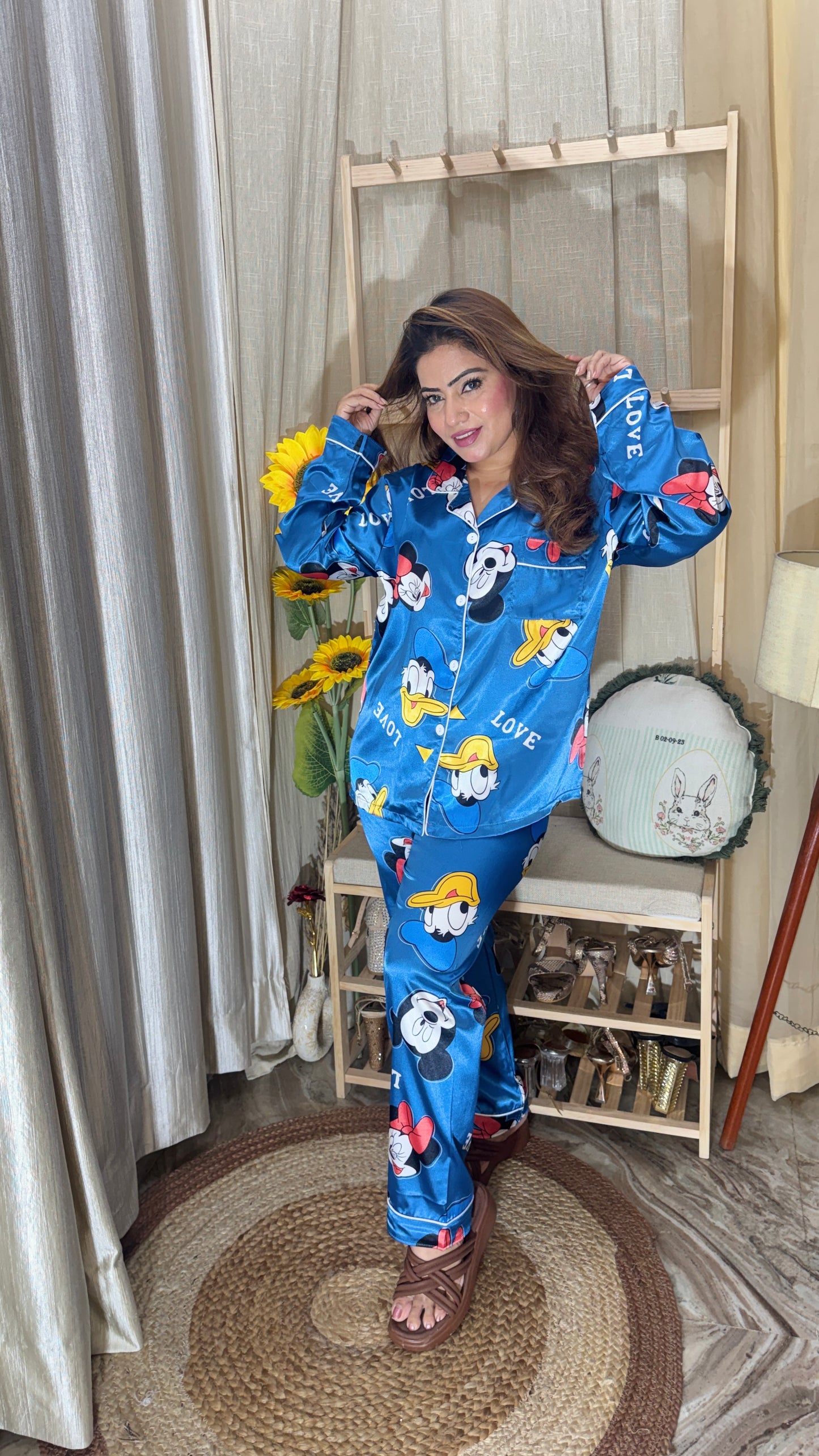 Blue Cartoon Print Satin Night Suit Set
