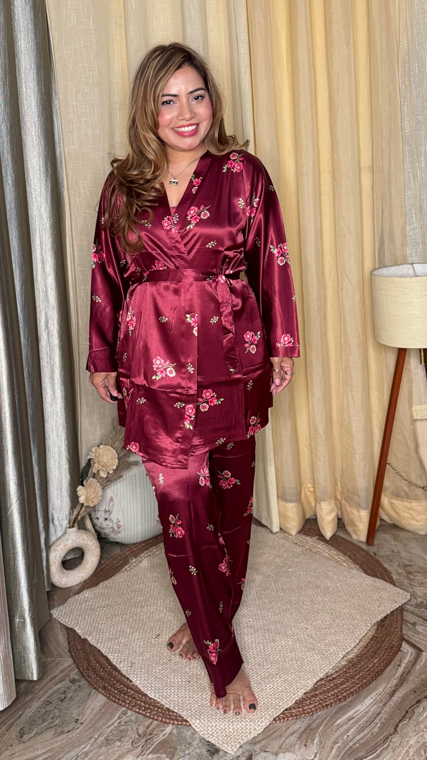 luxury satin floral nightwear 3pc set