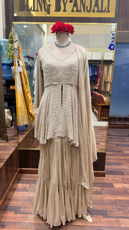 Champagne Embroidered Sharara Set | Luxe Occasion Wear
