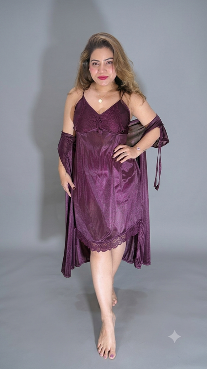 Luxury Satin Embroidered Nighty with Robe | 2-Piece Nightwear Set