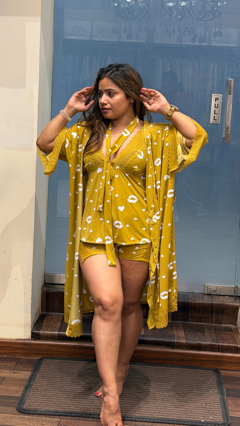 Mustard Yellow Heart Print 4-Piece Nightwear Set with Lace Detail Robe